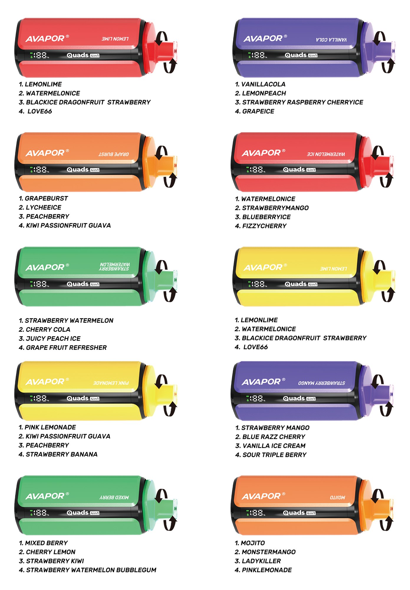 AVAPOR QUADS flavor options